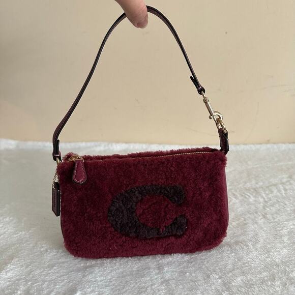 Coach Shearling Fur Shoulder Bag Burgundy Wine Leather Mini Y2K Cozy Chic - Picture 9 of 15